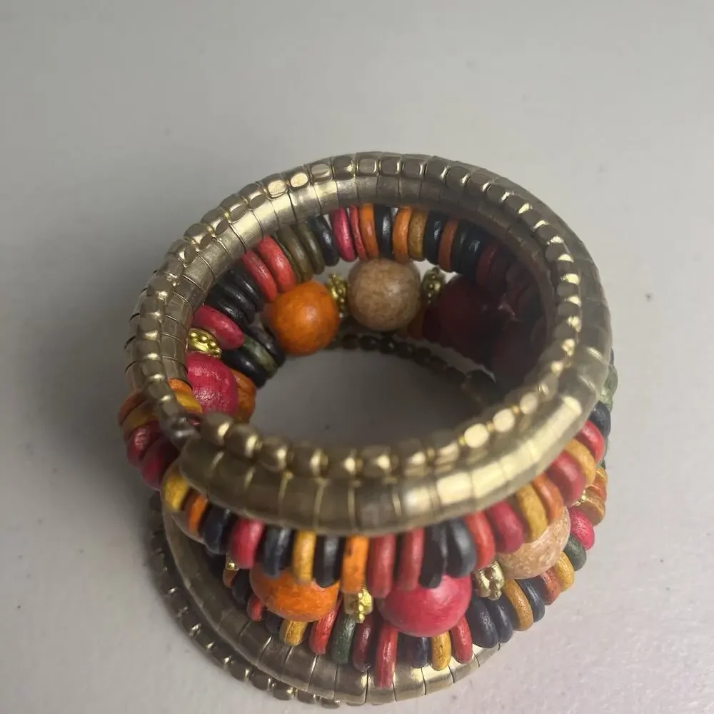 Vintage Wooden Wood Bead Coil Wrap Bracelet Brass Tone Stacking Beaded Bangle